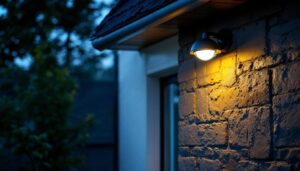 A photograph of a lighting contractor installing a security light with a motion sensor in a residential setting