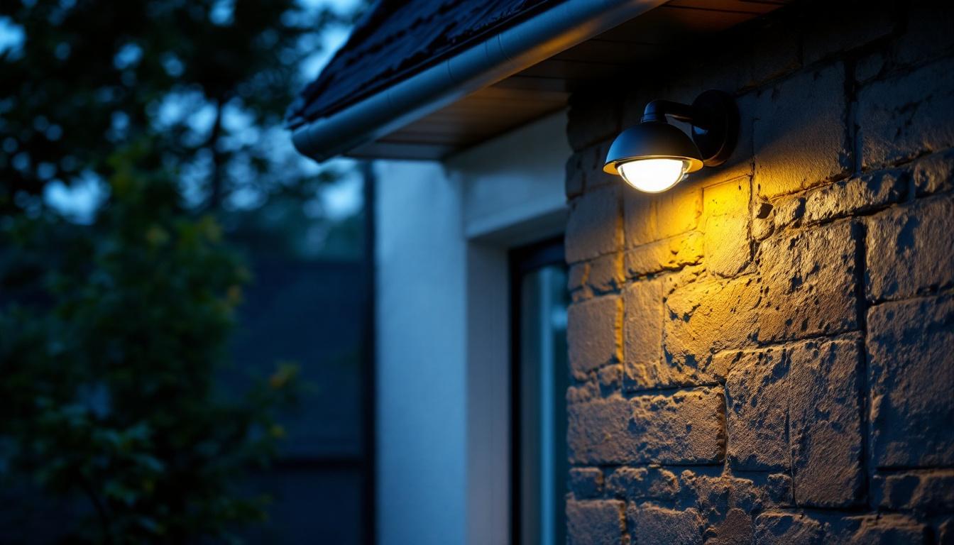 A photograph of a lighting contractor installing a security light with a motion sensor in a residential setting