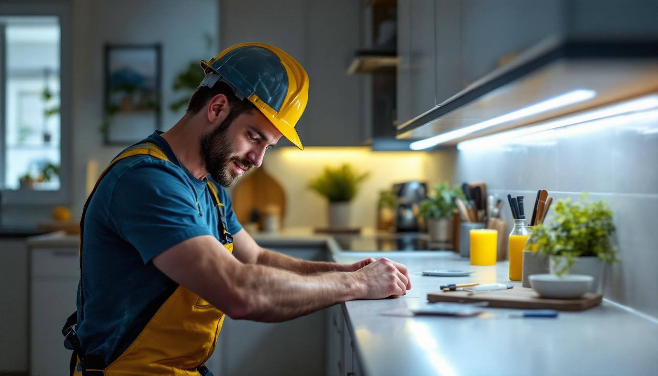 A photograph of a well-lit kitchen or workspace featuring under-the-counter led lights