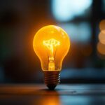 A photograph of a type a incandescent bulb glowing warmly in a well-lit room
