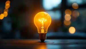 A photograph of a type a incandescent bulb glowing warmly in a well-lit room
