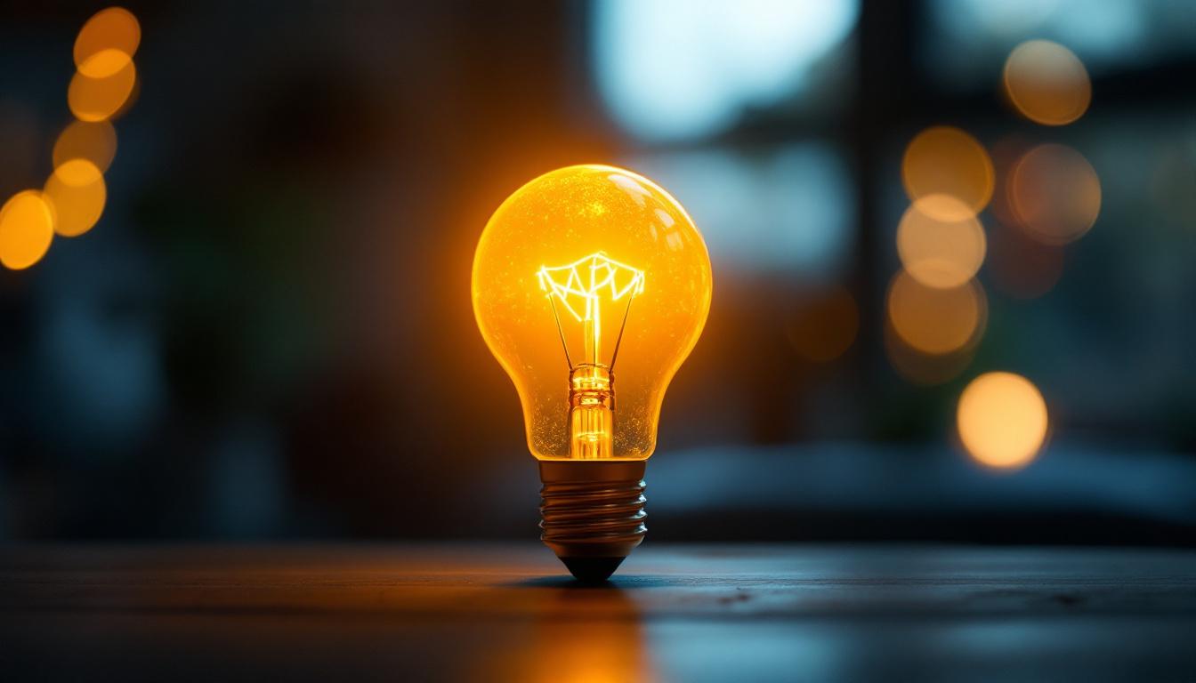 A photograph of a type a incandescent bulb glowing warmly in a well-lit room