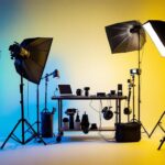 A photograph of a well-organized lighting setup featuring various light sources