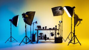 A photograph of a well-organized lighting setup featuring various light sources