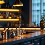 A photograph of a stylish home bar illuminated by elegant lamps