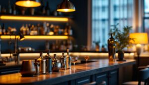 A photograph of a stylish home bar illuminated by elegant lamps