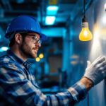 A photograph of a lighting contractor installing t12 led lamps in a commercial setting