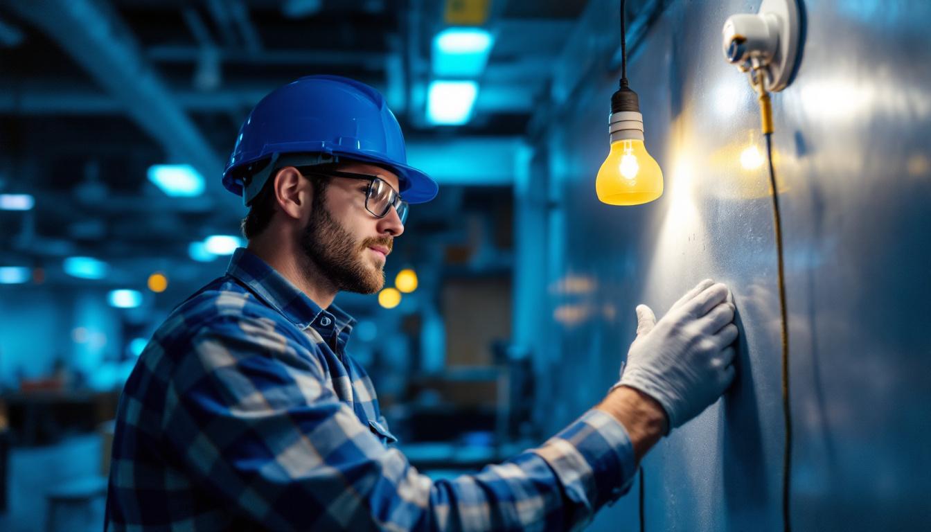 A photograph of a lighting contractor installing t12 led lamps in a commercial setting