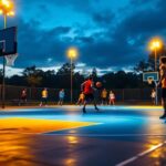 A photograph of a well-lit outdoor basketball court during dusk