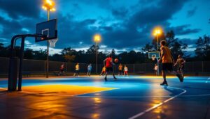 A photograph of a well-lit outdoor basketball court during dusk