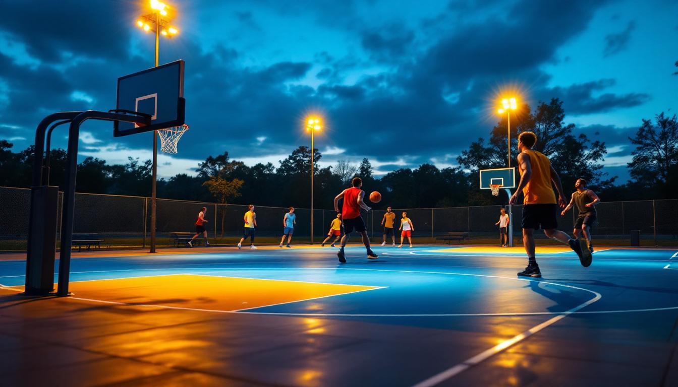 A photograph of a well-lit outdoor basketball court during dusk