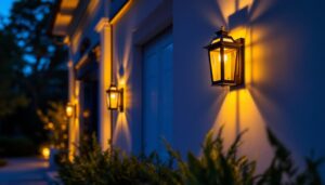 A photograph of a beautifully illuminated exterior wall featuring stylish lantern wall lights