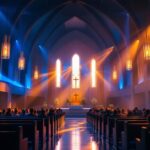 A photograph of a beautifully illuminated church interior during a worship service