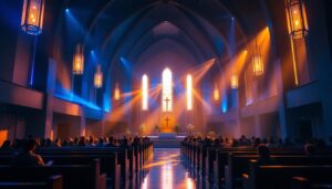 A photograph of a beautifully illuminated church interior during a worship service