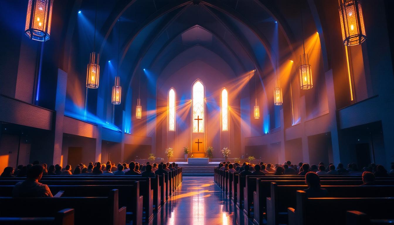 A photograph of a beautifully illuminated church interior during a worship service