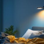 A photograph of a stylish wall-mounted bed light in a cozy bedroom setting