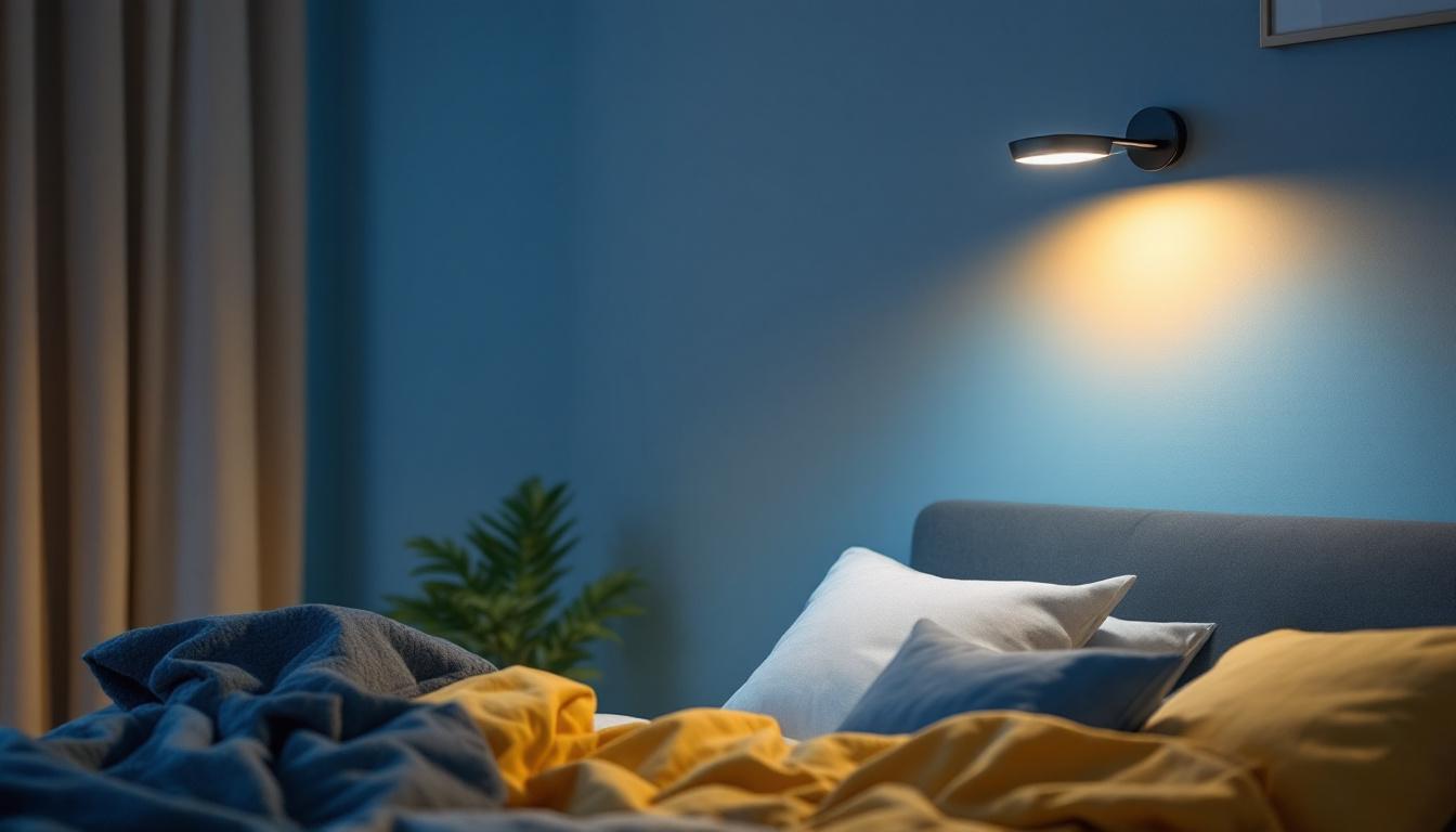 A photograph of a stylish wall-mounted bed light in a cozy bedroom setting