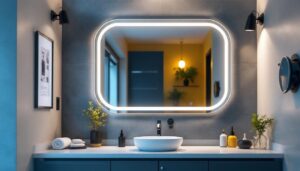 A photograph of a stylish white vanity light installed in a modern bathroom setting