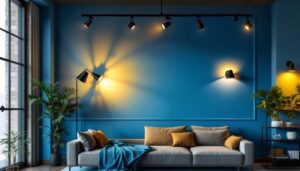 A photograph of a stylish interior space showcasing decorative track lighting in use