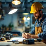 A photograph of a lighting contractor at work