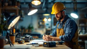 A photograph of a lighting contractor at work