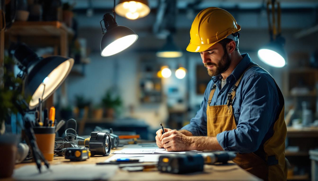 A photograph of a lighting contractor at work