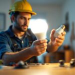 A photograph of capture a photograph of a lighting contractor installing a par38 led bulb in a residential or commercial setting