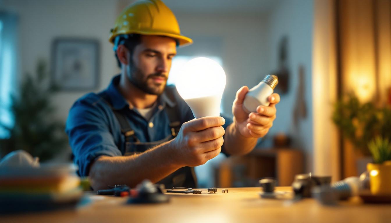 A photograph of capture a photograph of a lighting contractor installing a par38 led bulb in a residential or commercial setting