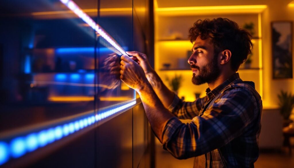 A photograph of a skilled lighting contractor installing vibrant led tape light strips in a modern residential or commercial setting