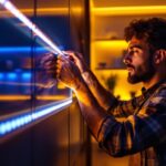 A photograph of a skilled lighting contractor installing vibrant led tape light strips in a modern residential or commercial setting