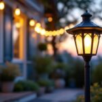 A photograph of a beautifully designed solar exterior lantern illuminating a charming outdoor space at dusk