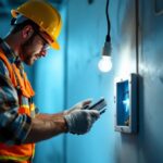 A photograph of a lighting contractor expertly installing an extension junction box in a well-lit workspace
