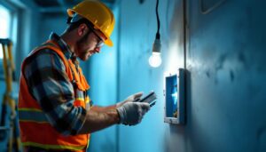 A photograph of a lighting contractor expertly installing an extension junction box in a well-lit workspace