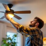 A photograph of a lighting contractor installing a stylish ceiling fan fixture in a modern living space