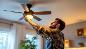 A photograph of a lighting contractor installing a stylish ceiling fan fixture in a modern living space