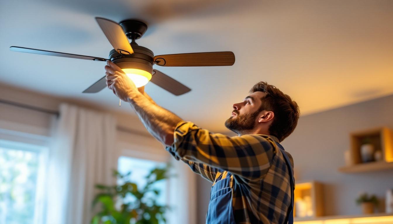A photograph of a lighting contractor installing a stylish ceiling fan fixture in a modern living space