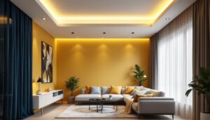 A photograph of a modern living space showcasing black can light trims installed in the ceiling