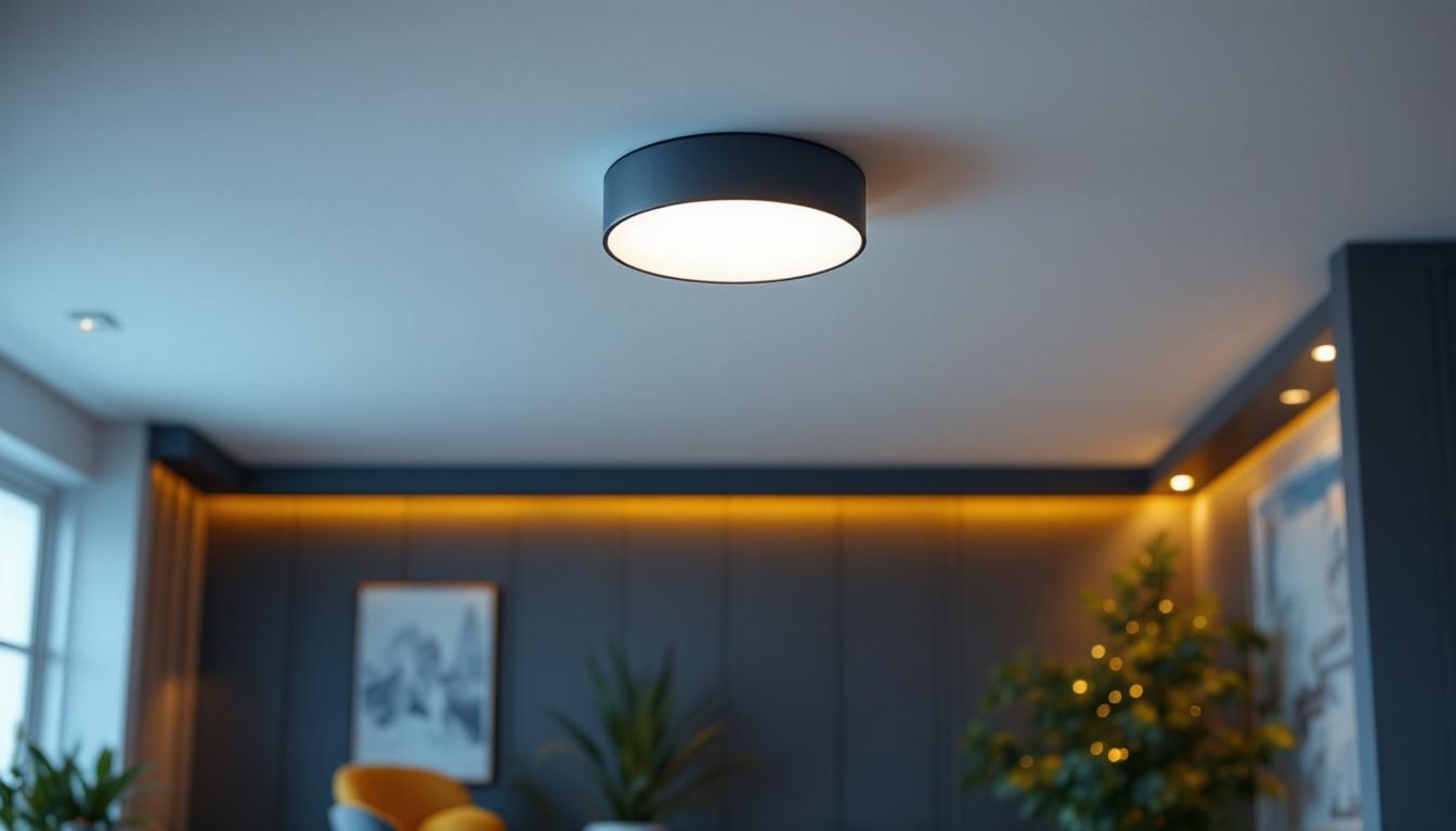 A photograph of a stylishly designed surface-mounted ceiling light installed in a modern interior space
