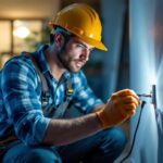A photograph of a skilled lighting contractor carefully installing or inspecting a socket outlet in a well-lit
