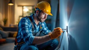 A photograph of a skilled lighting contractor carefully installing or inspecting a socket outlet in a well-lit