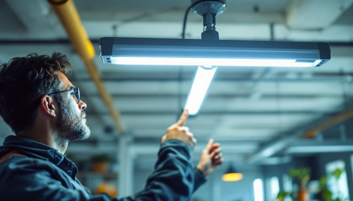A photograph of a well-lit workspace featuring a 4 4 bulb fluorescent fixture installed in a ceiling