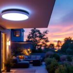 A photograph of a beautifully designed flush outdoor ceiling light installed in an elegant outdoor setting