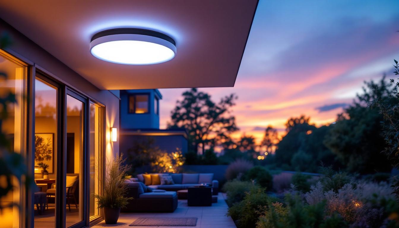A photograph of a beautifully designed flush outdoor ceiling light installed in an elegant outdoor setting