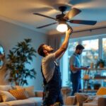 A photograph of a skilled lighting contractor expertly replacing a ceiling fan light fixture in a stylish living room