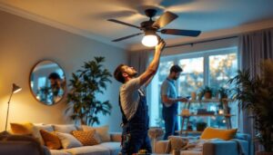 A photograph of a skilled lighting contractor expertly replacing a ceiling fan light fixture in a stylish living room