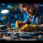 A photograph of a skilled technician using a coax wire stripper on a well-organized workbench