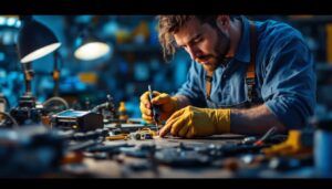 A photograph of a skilled technician using a coax wire stripper on a well-organized workbench