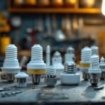 A photograph of a variety of light sockets arranged aesthetically on a workbench