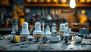 A photograph of a variety of light sockets arranged aesthetically on a workbench