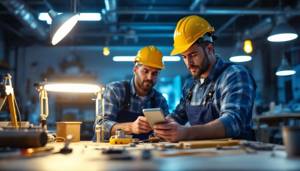 A photograph of a lighting contractor measuring the brightness of various light fixtures in a well-lit workspace